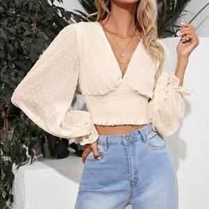 Boho gypsy Swiss dot shirred waist crop top